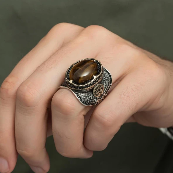 Kaplan Gözü Taşlı Süleyman Mührü 925 Gümüş Erkek Yüzük - Resim 3