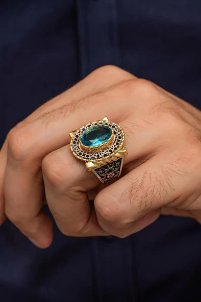 Aqua Mavi Taşlı 925 Ayar Erkek Gümüş Yüzük - Resim 6