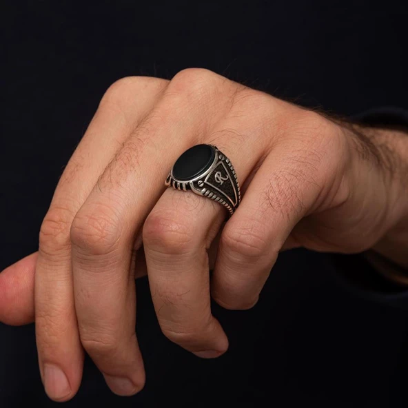 Oniks Taşlı Harfli 925 Gümüş Yüzük - Resim 7