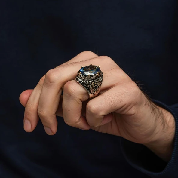 Oval Mistik Topaz Taşlı 925 Gümüş Erkek Yüzük - 4