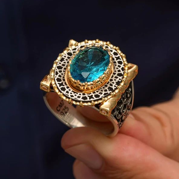 Aqua Mavi Taşlı 925 Ayar Erkek Gümüş Yüzük - Resim 9