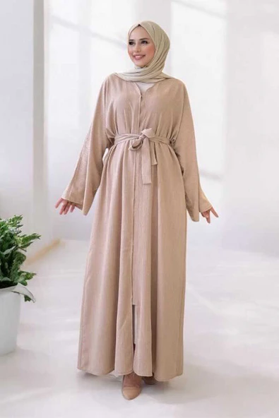 Çıt Çıt Düğmeli Bel Kuşaklı Abaya 70017 Taş