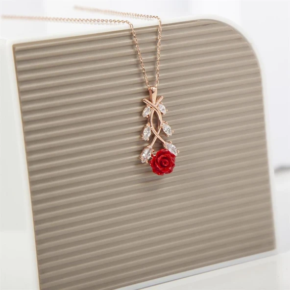 Kırmızı Gül Desenli Rose Kaplama 925 Gümüş Kadın Kolye - 2