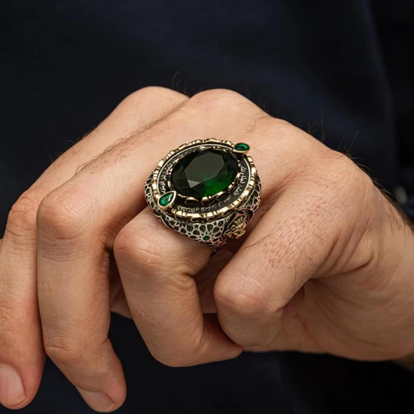 Yeşil Taşlı Aslan Başı 925 Ayar Erkek Gümüş Yüzük - Resim 4