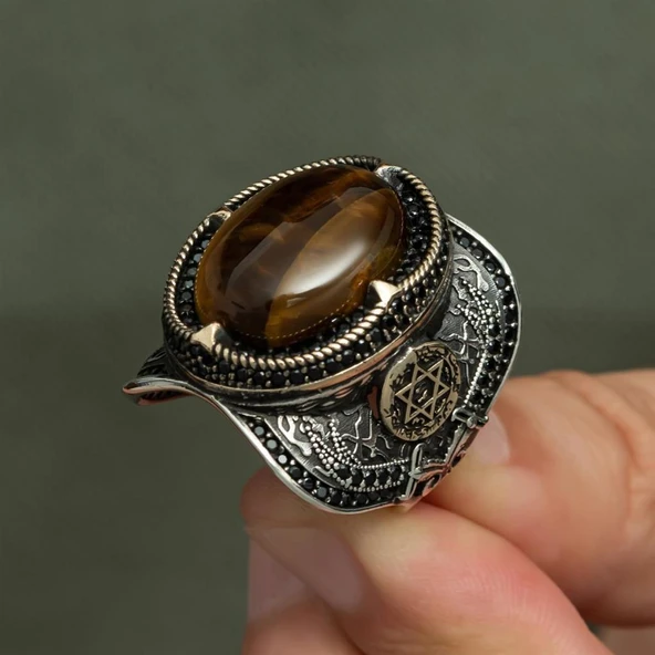 Kaplan Gözü Taşlı Süleyman Mührü 925 Gümüş Erkek Yüzük - Resim 8