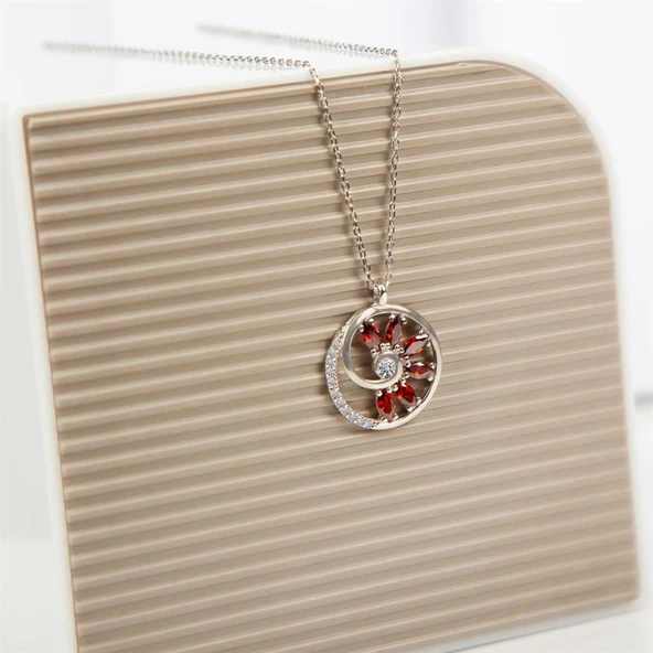 Kırmızı Taşlı Rodyum Kaplama 925 Gümüş Kadın Kolye - 2