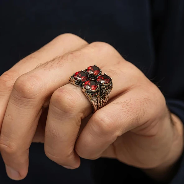 Kırmızı 4 Taşlı 925 Erkek Gümüş Yüzük - Resim 6