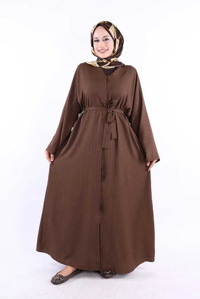 Çıt Çıt Düğmeli Bel Kuşaklı Abaya 70017 Kahverengi ürün görseli