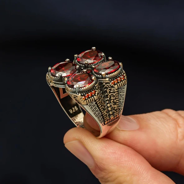 Kırmızı 4 Taşlı 925 Erkek Gümüş Yüzük - Resim 4