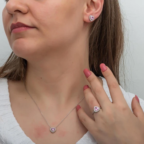 Kalpli Pembe Taşlı Gümüş Bayan Takı Seti