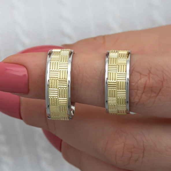 Kare Çizgili Çift 925 Gümüş Alyans Yüzük ürün görseli