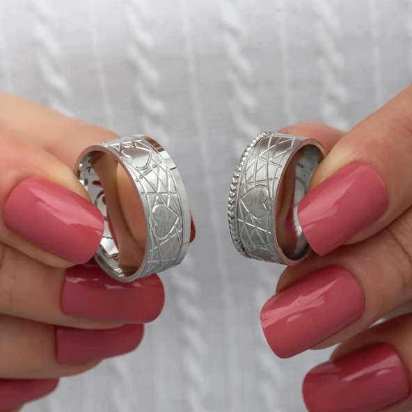 Kalp Motifli Çift 925 Gümüş Alyans Yüzük - Resim 3