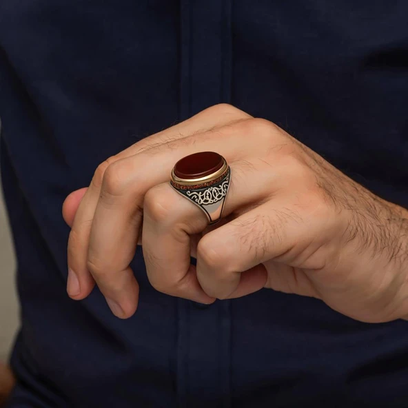 Akik Oval Taşlı 925 Erkek Gümüş Yüzük - Resim 5