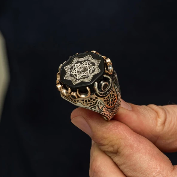 Hz. Süleyman Mührü Siyah Taşlı 925 Gümüş Yüzük ürün görseli