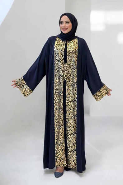 Arapça Harf Baskılı Abaya 70014 Lacivert