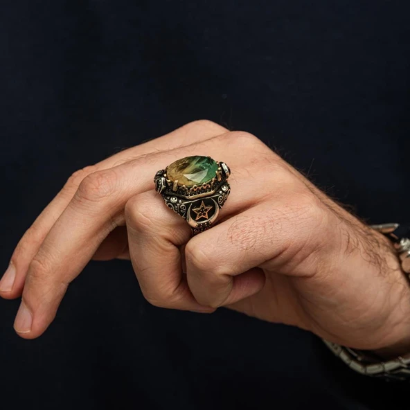 Turmolin Taşlı Ayyıldız Motifli 925 Gümüş Yüzük - Resim 7