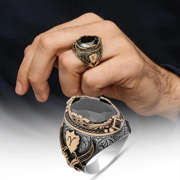 Siyah Taşlı Harfli 925 Ayar Erkek Gümüş Yüzük