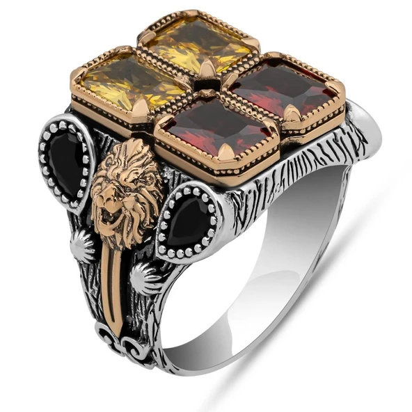 Sarı Kırmızı Aslan Motifli 925 Ayar Erkek Gümüş Yüzük - Resim 2