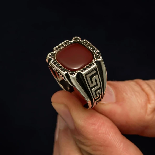 Akik Taşlı Grek Desenli 925 Gümüş Erkek Yüzük - 4