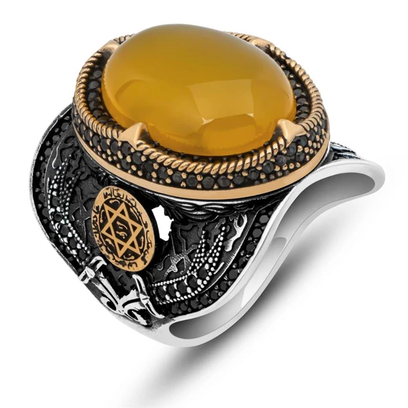 Sarı Akik Taşlı Süleyman Mührü 925 Gümüş Erkek Yüzük - Resim 2