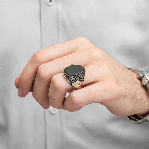 Gümüş Siyah Oniks Taşlı Harfli Erkek Gümüş Yüzük - 5
