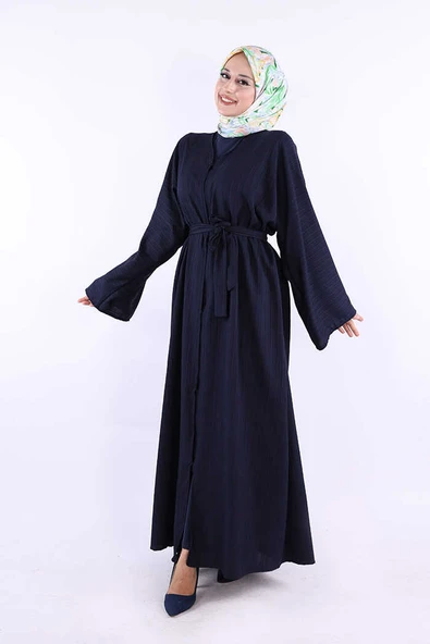 Çıt Çıt Düğmeli Bel Kuşaklı Abaya 70017 Lacivert - Resim 2