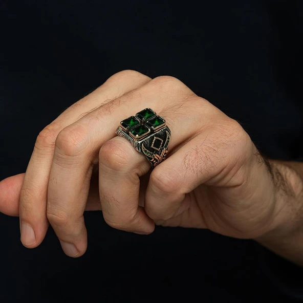 Yeşil 4 Taşlı 925 Gümüş Erkek Yüzük - Resim 9