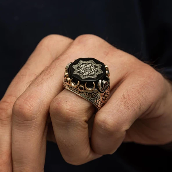 Hz. Süleyman Mührü Siyah Taşlı 925 Gümüş Yüzük - Resim 2