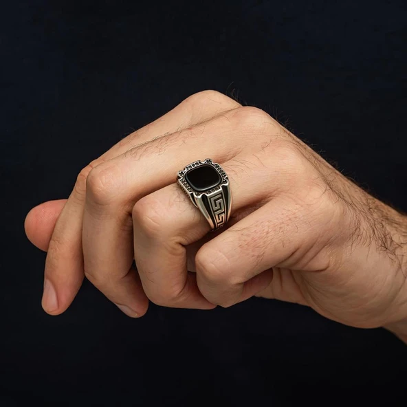 Siyah Oniks Taşlı Grek Desenli 925 Gümüş Erkek Yüzük - Resim 6