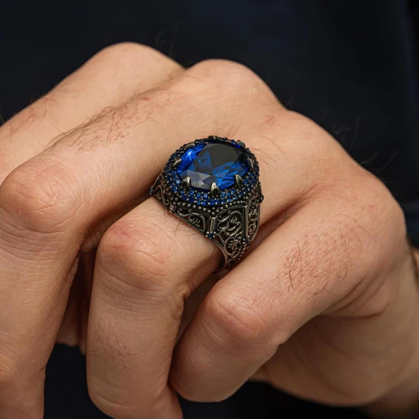 Oval Parlament Taşlı 925 Gümüş Erkek Yüzük - Resim 6