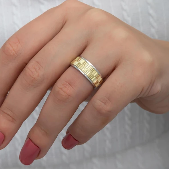 Kare Çizgili Çift 925 Gümüş Alyans Yüzük - Resim 3