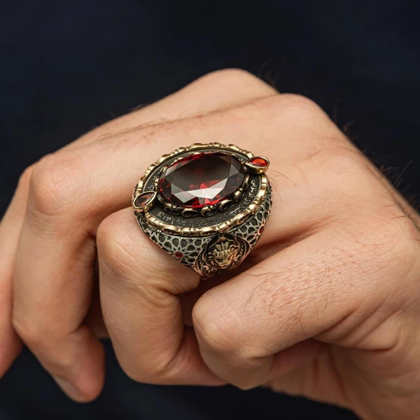 Kırmızı Taşlı Aslan Başı 925 Ayar Erkek Gümüş Yüzük - Resim 2