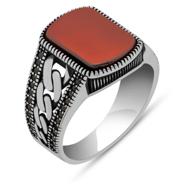 Akik Taşlı Kare Gurmet Model 925 Erkek Gümüş Yüzük - Resim 2