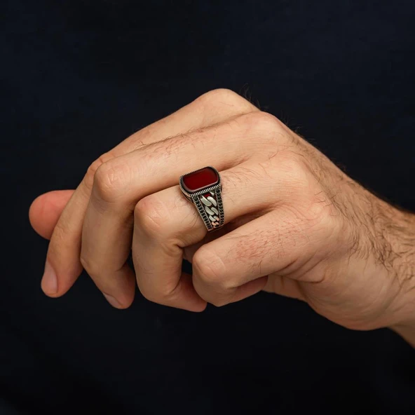 Akik Taşlı Kare Gurmet Model 925 Erkek Gümüş Yüzük - Resim 4