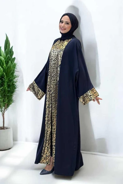 Arapça Harf Baskılı Abaya 70014 Lacivert - Resim 3
