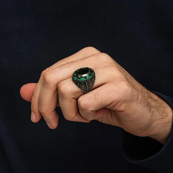 Oval Yeşil Taşlı 925 Gümüş Erkek Yüzük - Resim 5