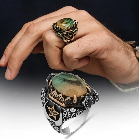 Turmolin Taşlı Ayyıldız Motifli 925 Gümüş Yüzük ürün görseli