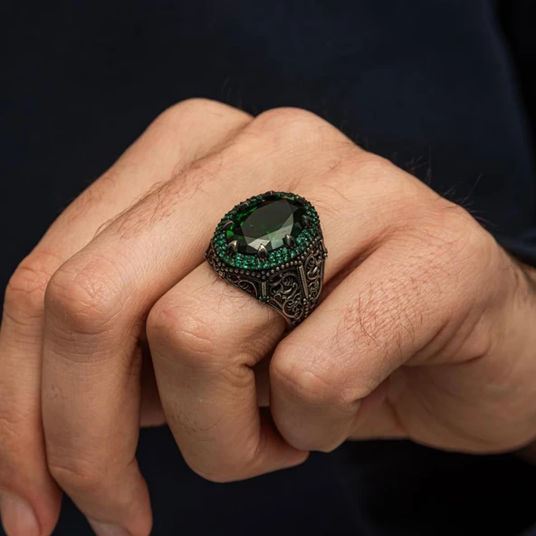 Oval Yeşil Taşlı 925 Gümüş Erkek Yüzük - Resim 6