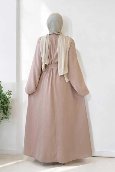 Çıt Çıt Düğmeli Bel Kuşaklı Abaya 70017 Taş - 2