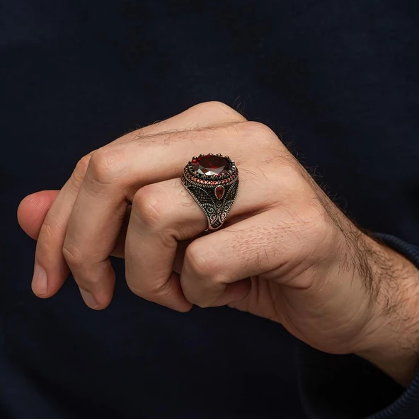 Oval Kırmızı Taşlı 925 Gümüş Erkek Yüzük - Resim 6