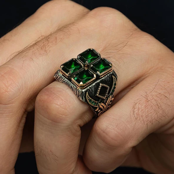 Yeşil 4 Taşlı 925 Gümüş Erkek Yüzük - Resim 4