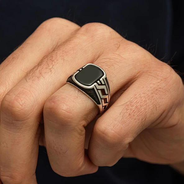 Siyah Oniks Taşlı Grek Motifli 925 Erkek Gümüş Yüzük - Resim 6