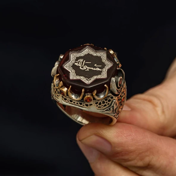 Hasbiyallah Yazılı Siyah Taşlı 925 Gümüş Yüzük - Resim 3