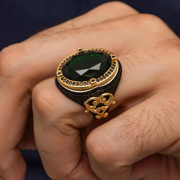 Oval Yeşil Taşlı 925 Ayar Gümüş Yüzük - 1