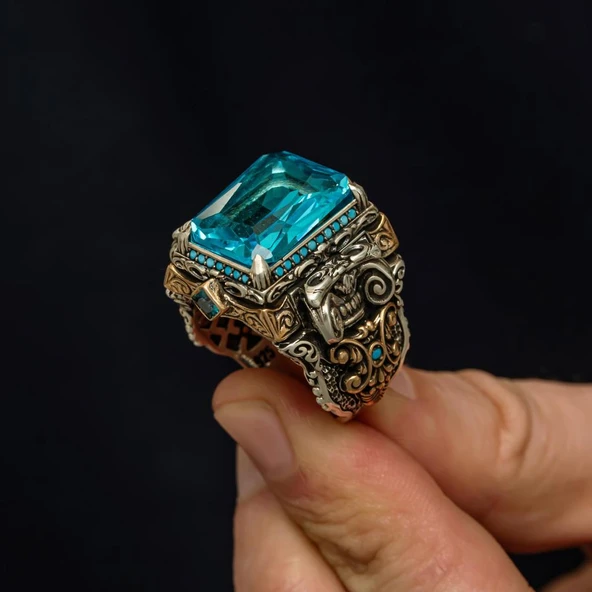 İslam Usta Koleksiyonu Mavi Taşlı 925 Gümüş Yüzük - Resim 5