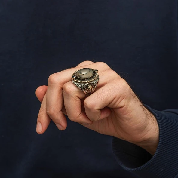 Yemen Akik Taşlı Aslan Başı 925 Ayar Erkek Gümüş Yüzük - Resim 3