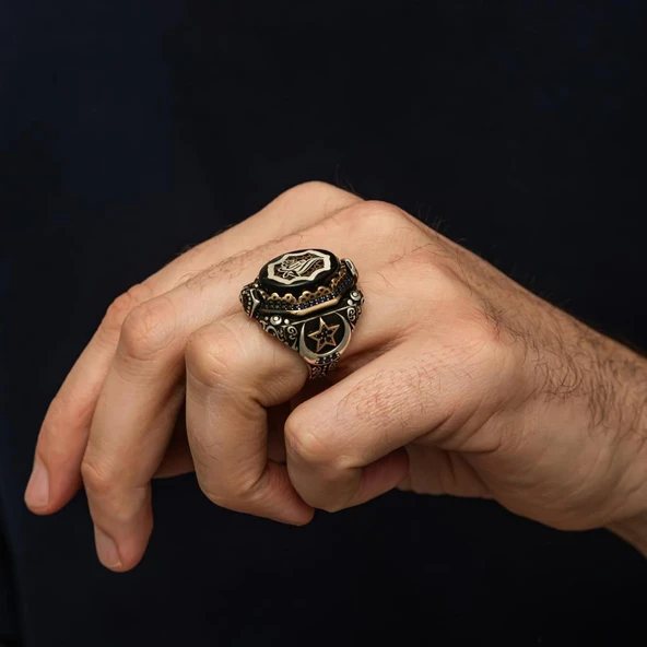 Elhamdülillah Yazılı  Ayyıldız Motifli 925 Gümüş Yüzük - Resim 6