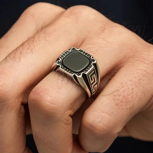 Siyah Oniks Taşlı Grek Desenli 925 Gümüş Erkek Yüzük - Resim 5
