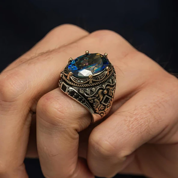 Oval Mistik Topaz Taşlı 925 Gümüş Erkek Yüzük - 5
