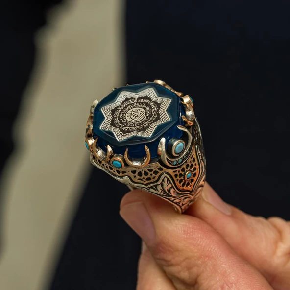 Ayetel Kürsi Hat Yazılı Mavi Taşlı 925 Gümüş Yüzük ürün görseli